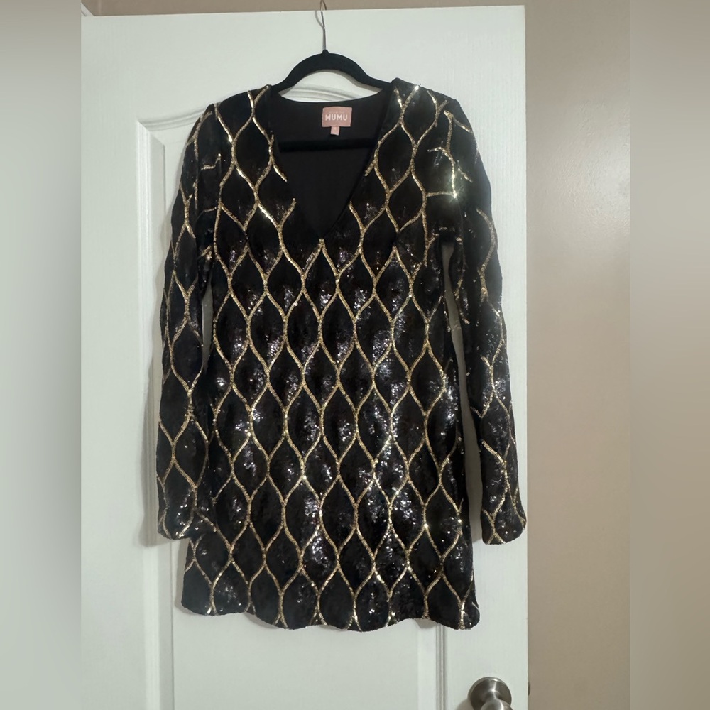 Show Me Your MuMu Black and Gold Sequin Dress NWOT
